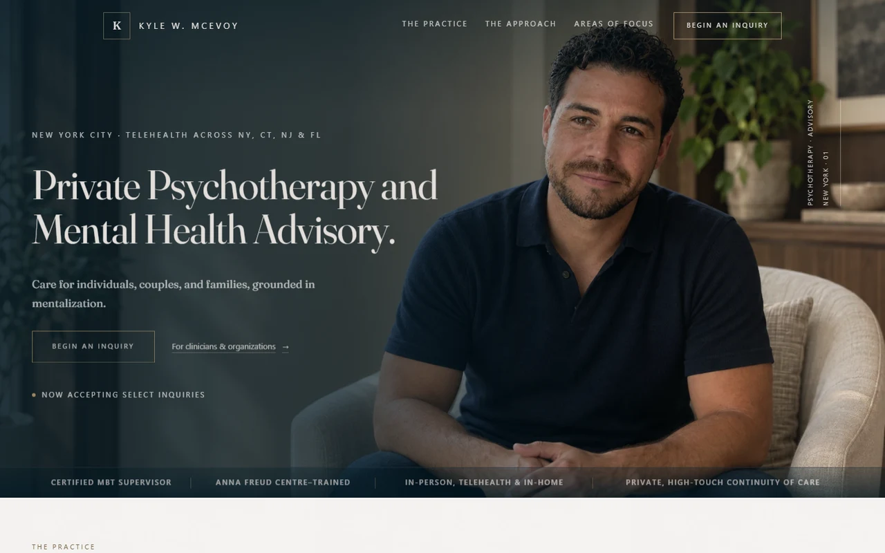 Kyle W. McEvoy’s desktop homepage displayed in a landscape browser window, with editorial typography and a full-width portrait