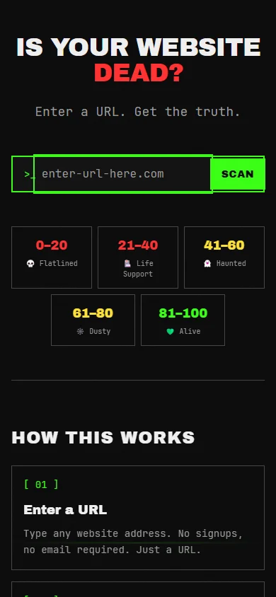 Site Autopsy mobile view with scan input and score categories